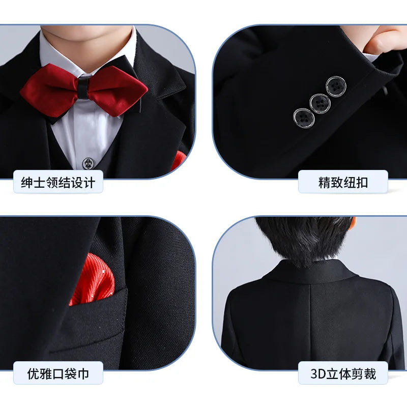 Children Formal Wedding Dress Boys Jacket Vest Pants BowTie 4Pcs Photograph Suit Kids 2 Year Birthday Ceremony Tuxedo Costume