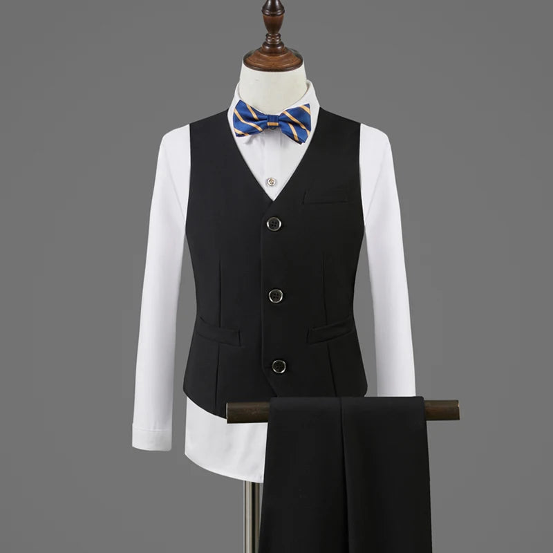 Children Formal Wedding Dress Boys Jacket Vest Pants BowTie 4Pcs Photograph Suit Kids 2 Year Birthday Ceremony Tuxedo Costume VEST PANTS BOWTIE