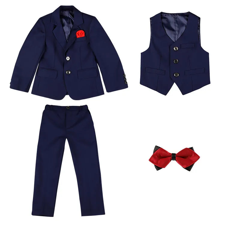 Children Formal Wedding Dress Boys Jacket Vest Pants BowTie 4Pcs Photograph Suit Kids 2 Year Birthday Ceremony Tuxedo Costume