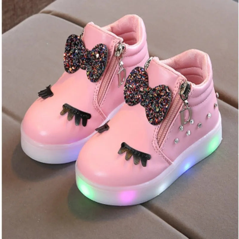 Children Glowing Sneakers Kid Princess Bow for Girls LED Shoes Cute Baby Sneakers with Light Shoes Size 21-30 AMAIO