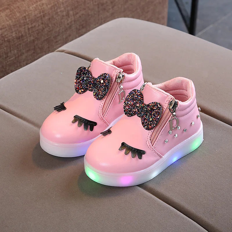 Children Glowing Sneakers Kid Princess Bow for Girls LED Shoes Cute Baby Sneakers with Light Shoes Size 21-30 1083LEDpink