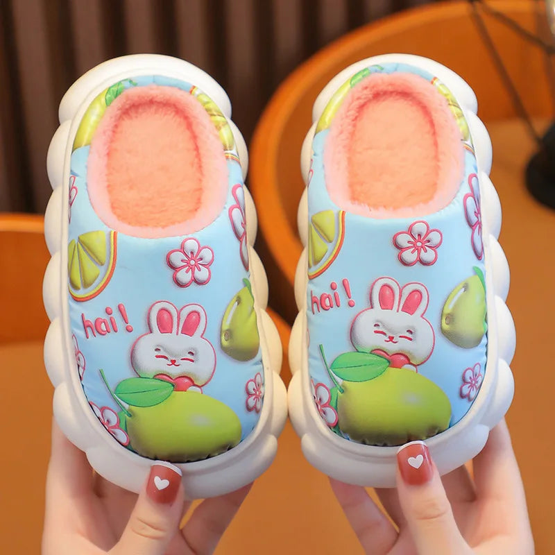 Children Slippers Winter PU Waterproof Leather Cotton Slippers Girls Warm Home Shoes Indoor Children Plush Slippers Blue