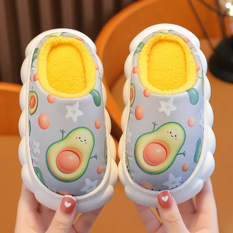 Children Slippers Winter PU Waterproof Leather Cotton Slippers Girls Warm Home Shoes Indoor Children Plush Slippers GRAY