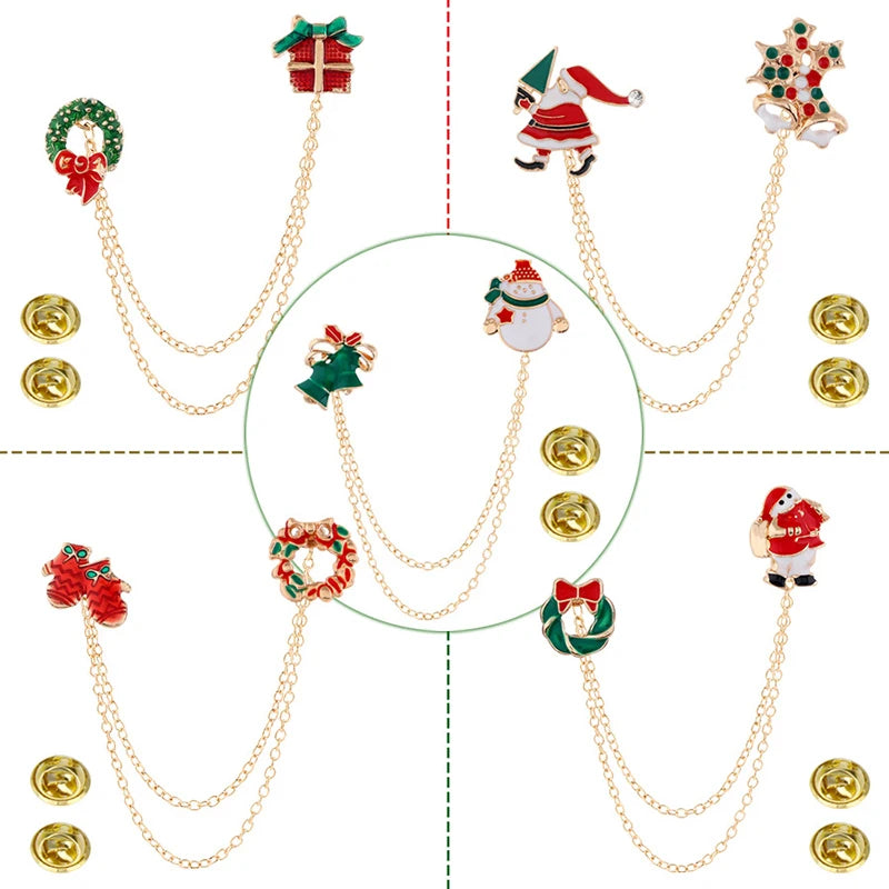Christmas Brooch Xmas Tree Santa Claus Metal Pins Snowflake Chain Tassel Big Needle Pins Party Jewelry Gift for Women Xmasdecor