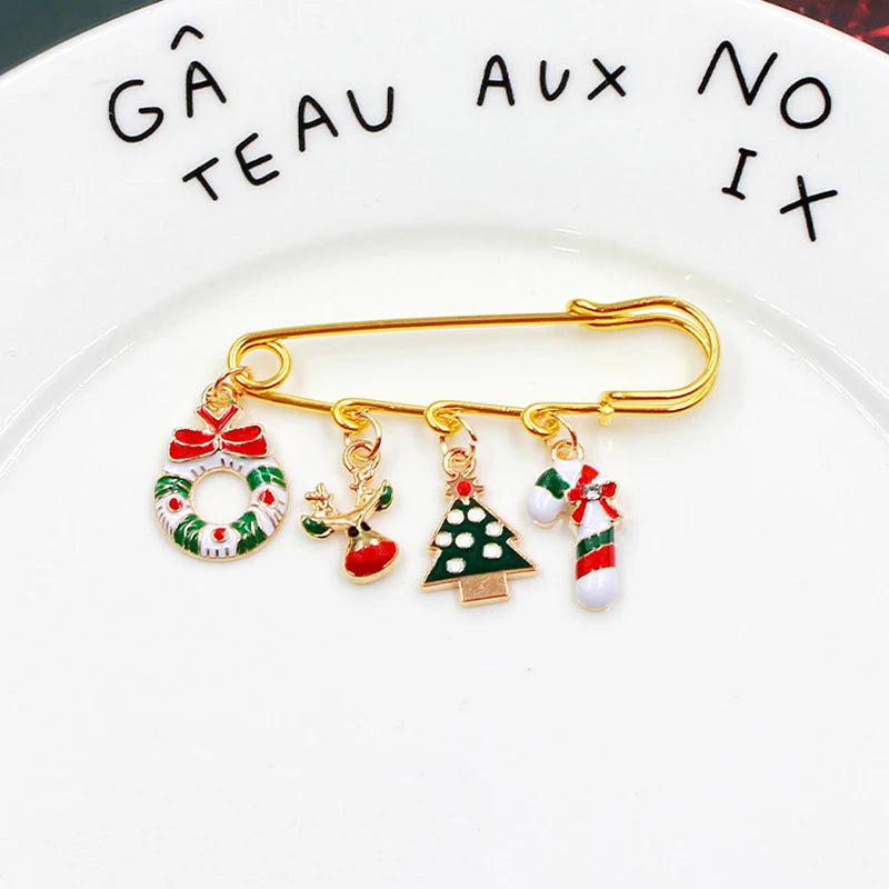 Christmas Brooch Xmas Tree Santa Claus Metal Pins Snowflake Chain Tassel Big Needle Pins Party Jewelry Gift for Women Xmasdecor Style-6