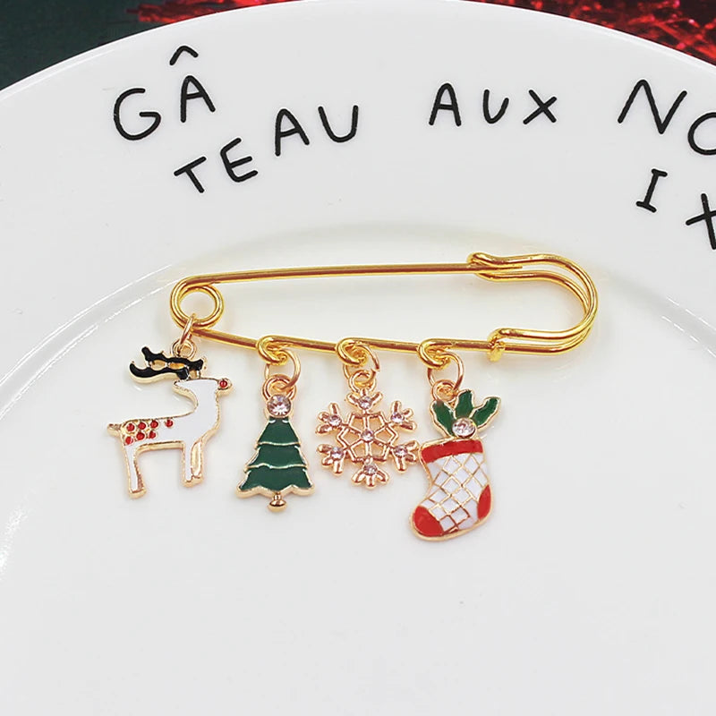 Christmas Brooch Xmas Tree Santa Claus Metal Pins Snowflake Chain Tassel Big Needle Pins Party Jewelry Gift for Women Xmasdecor Style-3