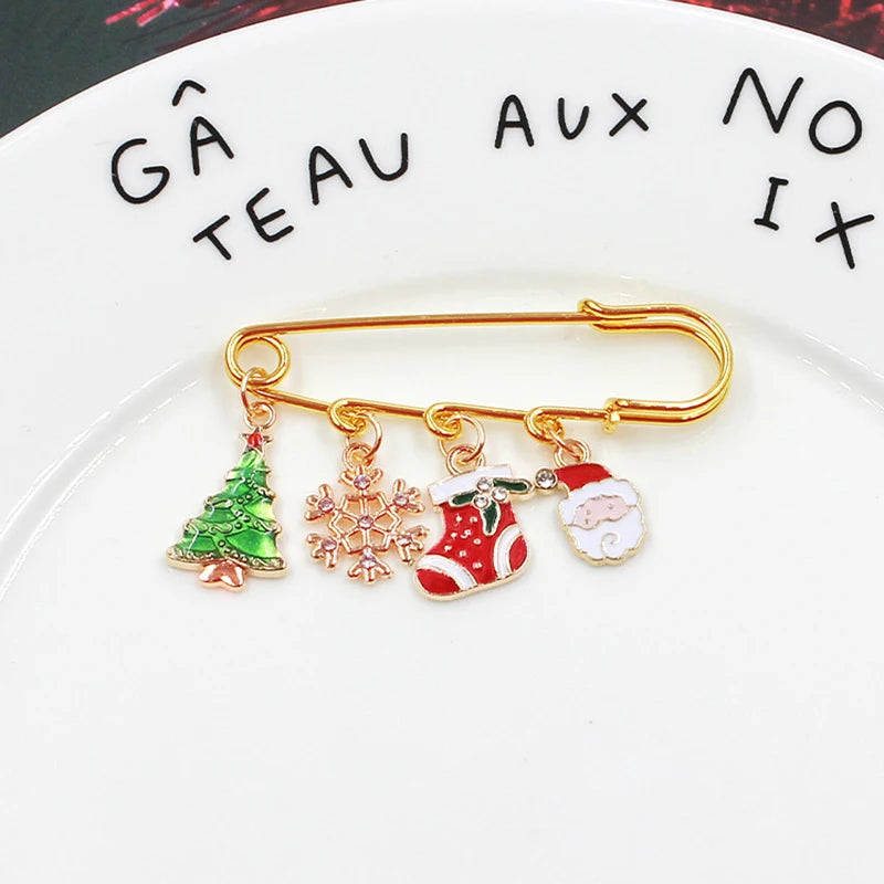 Christmas Brooch Xmas Tree Santa Claus Metal Pins Snowflake Chain Tassel Big Needle Pins Party Jewelry Gift for Women Xmasdecor Style-5