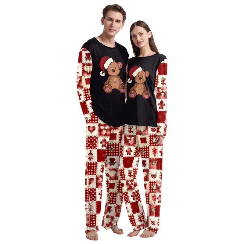 Christmas Couple Pajamas Cartoon Print Fashion Long Sleeved O-neck Sleepwear Men and Women Casual Home Wear Set Lady Loungewear
