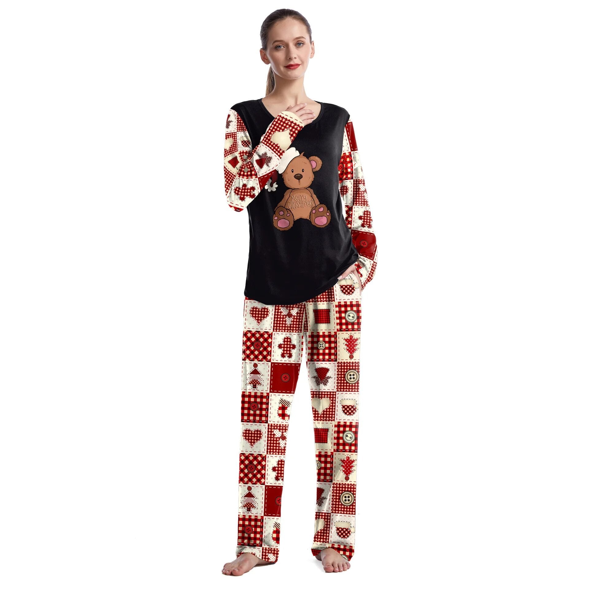 Christmas Couple Pajamas Cartoon Print Fashion Long Sleeved O-neck Sleepwear Men and Women Casual Home Wear Set Lady Loungewear B239-1033
