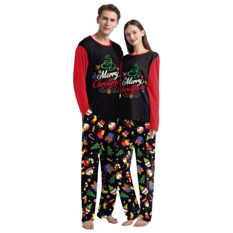 Christmas Couple Pajamas Cartoon Print Fashion Long Sleeved O-neck Sleepwear Men and Women Casual Home Wear Set Lady Loungewear