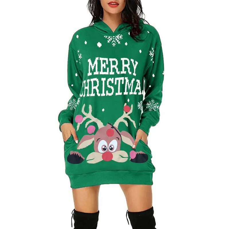 Christmas Elk Snowflake Printed Sweatshirts Party Dress Women Fashion Dresses Sweatshirts Long Sleeve Hoodies Dress Casual Tops WW00061