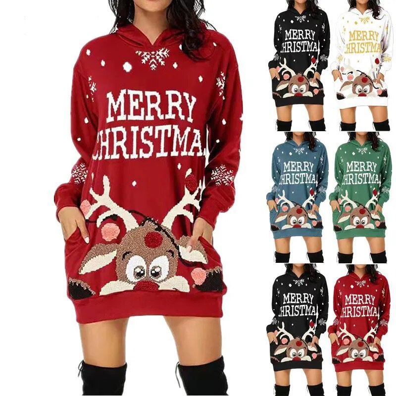 Christmas Elk Snowflake Printed Sweatshirts Party Dress Women Fashion Dresses Sweatshirts Long Sleeve Hoodies Dress Casual Tops AMAIO