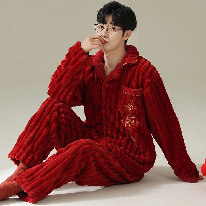 Christmas Pajamas For Couple Lucky Big Red Cardigan Buttons Men Women Winter Long Sleeve Flannel Sleepwear Sexy Women Homewear J19948 Men