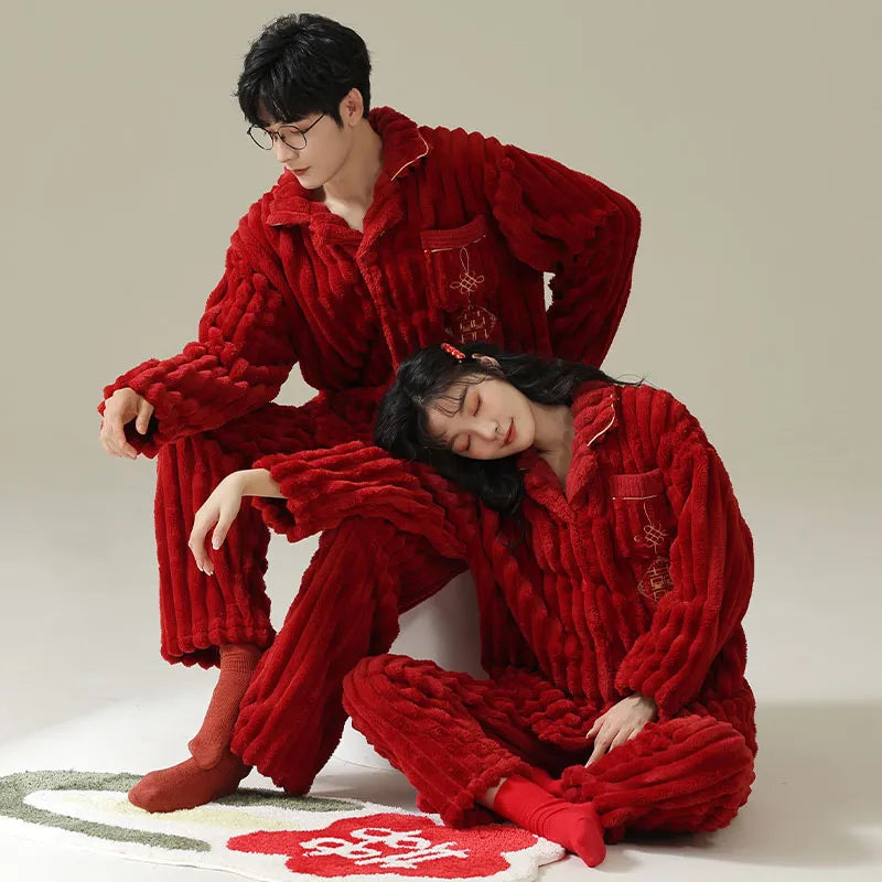 Christmas Pajamas For Couple Lucky Big Red Cardigan Buttons Men Women Winter Long Sleeve Flannel Sleepwear Sexy Women Homewear AMAIO