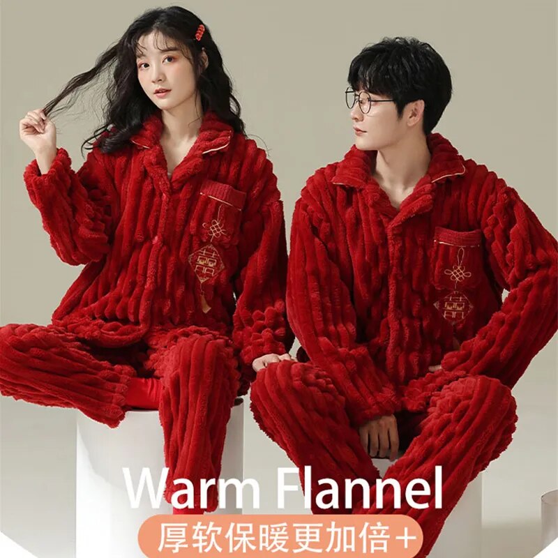 Christmas Pajamas For Couple Lucky Big Red Cardigan Buttons Men Women Winter Long Sleeve Flannel Sleepwear Sexy Women Homewear