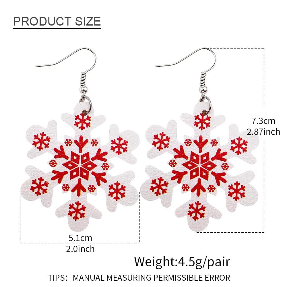 Christmas Stocking Snowflakes PU Faux Leather Earrings for Women Teardrop Drop Dangle Earrings Fashion Jewelry Gifts