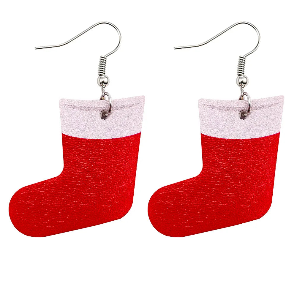 Christmas Stocking Snowflakes PU Faux Leather Earrings for Women Teardrop Drop Dangle Earrings Fashion Jewelry Gifts JE0144C