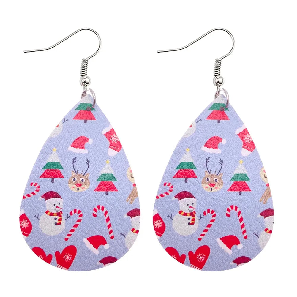 Christmas Stocking Snowflakes PU Faux Leather Earrings for Women Teardrop Drop Dangle Earrings Fashion Jewelry Gifts JE0143B