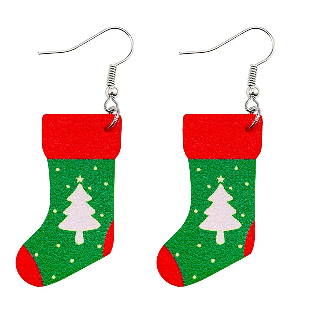 Christmas Stocking Snowflakes PU Faux Leather Earrings for Women Teardrop Drop Dangle Earrings Fashion Jewelry Gifts JE0290J