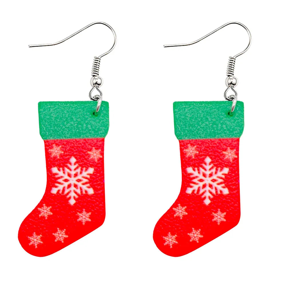 Christmas Stocking Snowflakes PU Faux Leather Earrings for Women Teardrop Drop Dangle Earrings Fashion Jewelry Gifts JE0290H