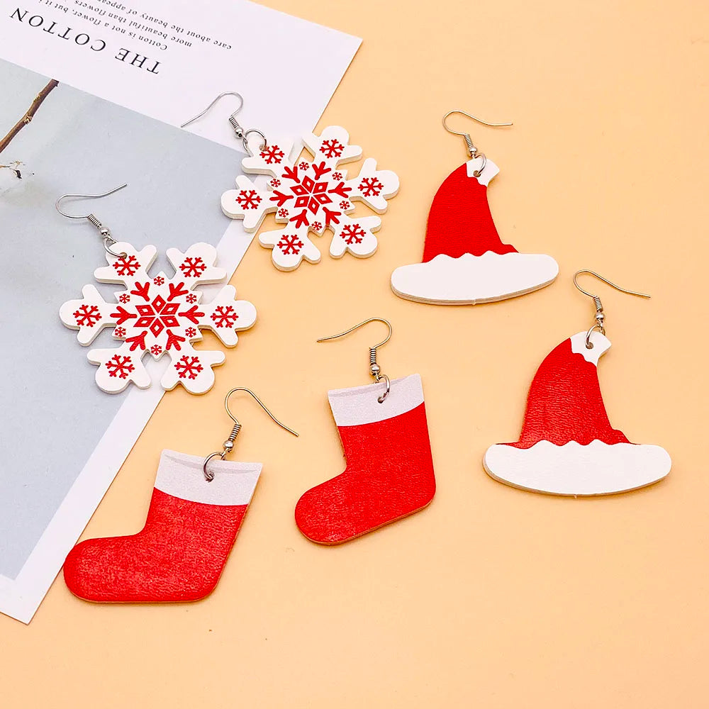 Christmas Stocking Snowflakes PU Faux Leather Earrings for Women Teardrop Drop Dangle Earrings Fashion Jewelry Gifts