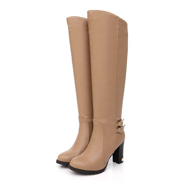Chunky Heel Over-the-knee Boots Women's High Heels Khaki With Plush
