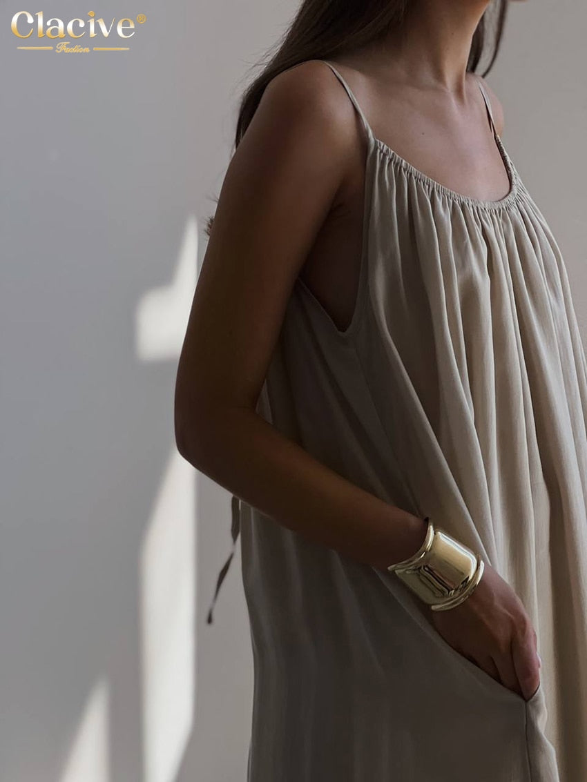 Clacive Causal Loose Khaki Summer Dress Ladies Sexy Strap Sleeveless Sundress Elegant Lace-Up