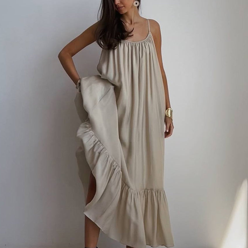 Clacive Causal Loose Khaki Summer Dress Ladies Sexy Strap Sleeveless Sundress Elegant Lace-Up