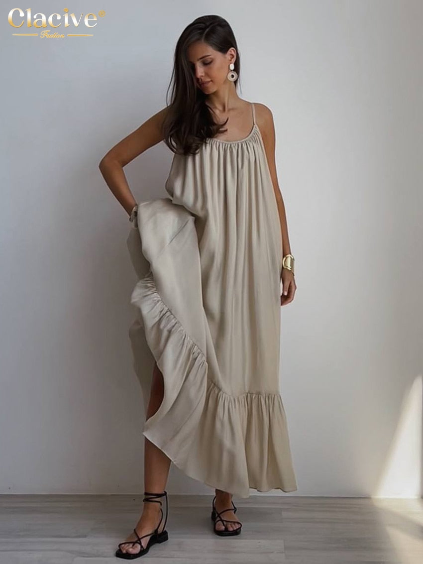 Clacive Causal Loose Khaki Summer Dress Ladies Sexy Strap Sleeveless Sundress Elegant Lace-Up