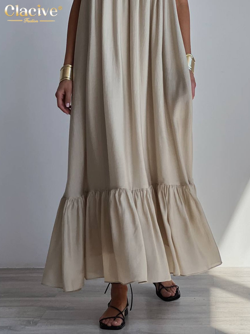 Clacive Causal Loose Khaki Summer Dress Ladies Sexy Strap Sleeveless Sundress Elegant Lace-Up
