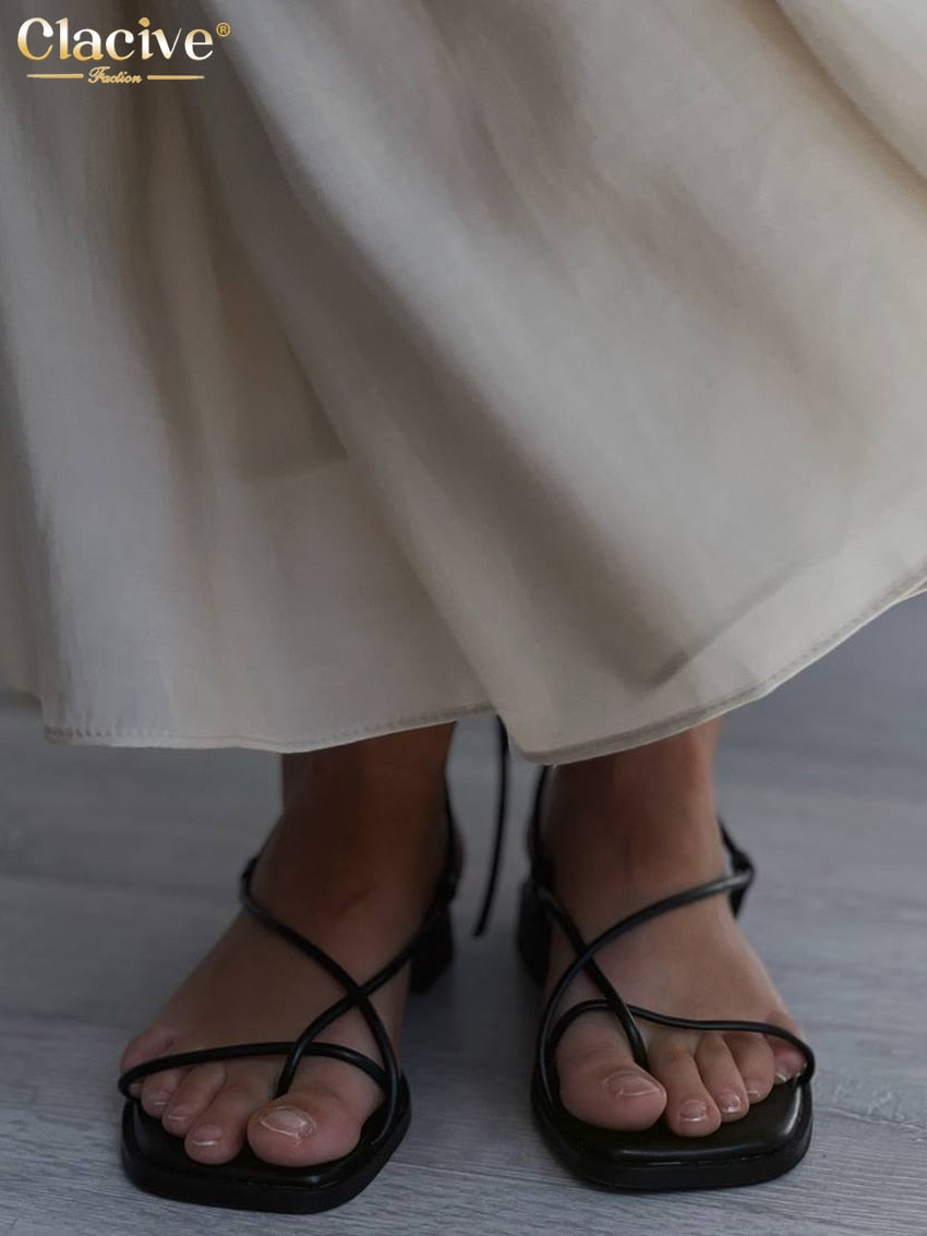 Clacive Causal Loose Khaki Summer Dress Ladies Sexy Strap Sleeveless Sundress Elegant Lace-Up