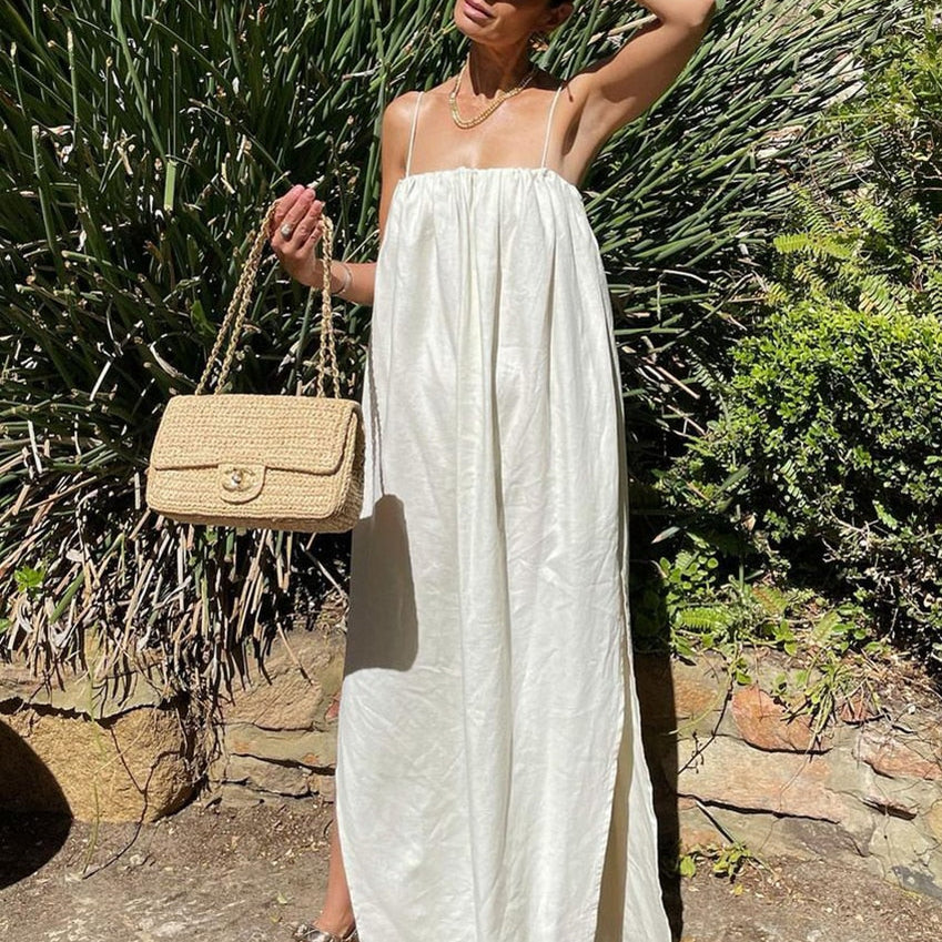 Clacive Summer Biege Linen Dress Casual Loose Strap Sleeveless Beige