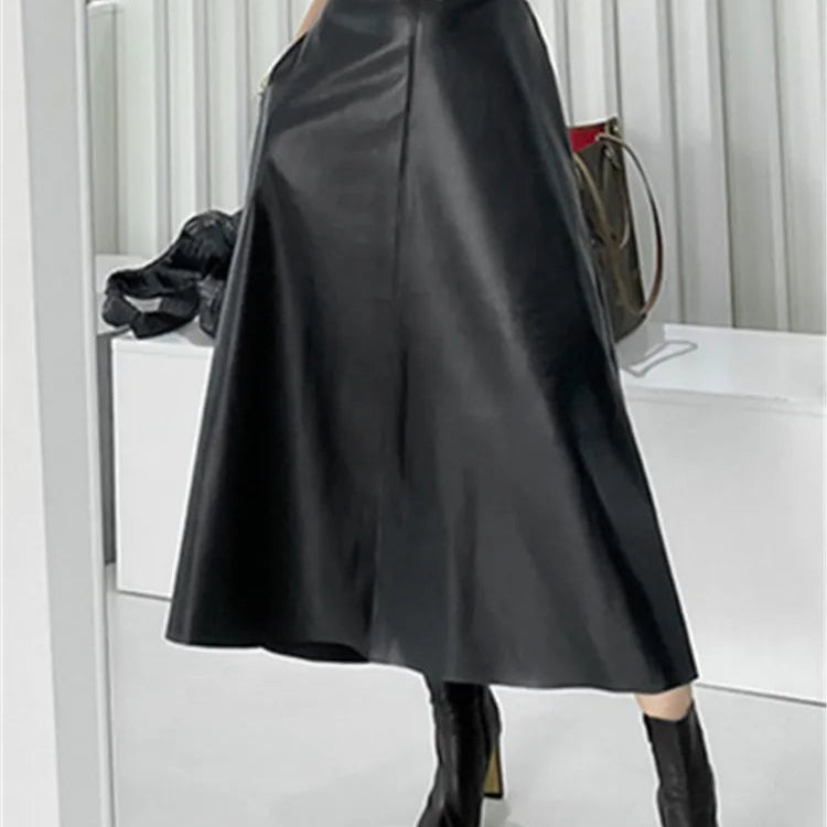 Classic Faux PU Leather Long Skirts with Belted New High Waist Fashion Umbrella Skirts Ladies Female Autumn Winter black One Size