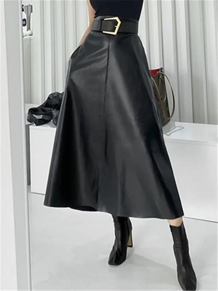Classic Faux PU Leather Long Skirts with Belted New High Waist Fashion Umbrella Skirts Ladies Female Autumn Winter black One Size