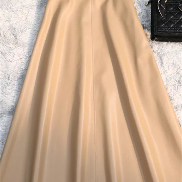 Classic Faux PU Leather Long Skirts with Belted New High Waist Fashion Umbrella Skirts Ladies Female Autumn Winter Khaki One Size