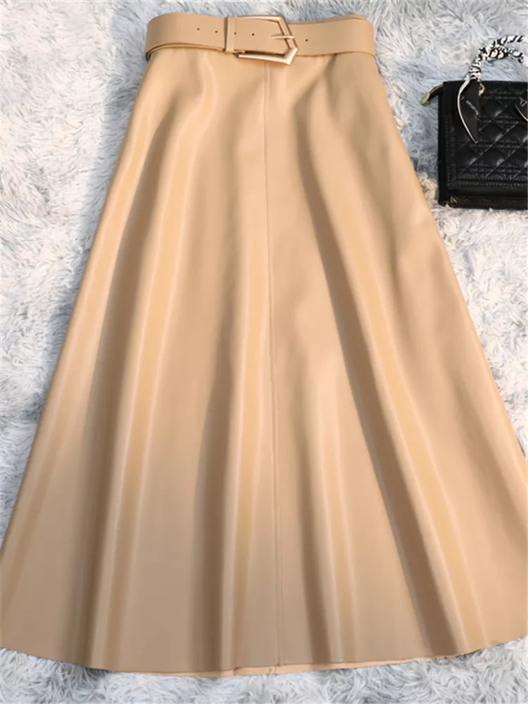 Classic Faux PU Leather Long Skirts with Belted New High Waist Fashion Umbrella Skirts Ladies Female Autumn Winter Khaki One Size