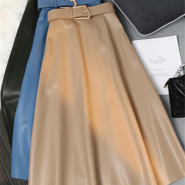 Classic Faux PU Leather Long Skirts with Belted New High Waist Fashion Umbrella Skirts Ladies Female Autumn Winter