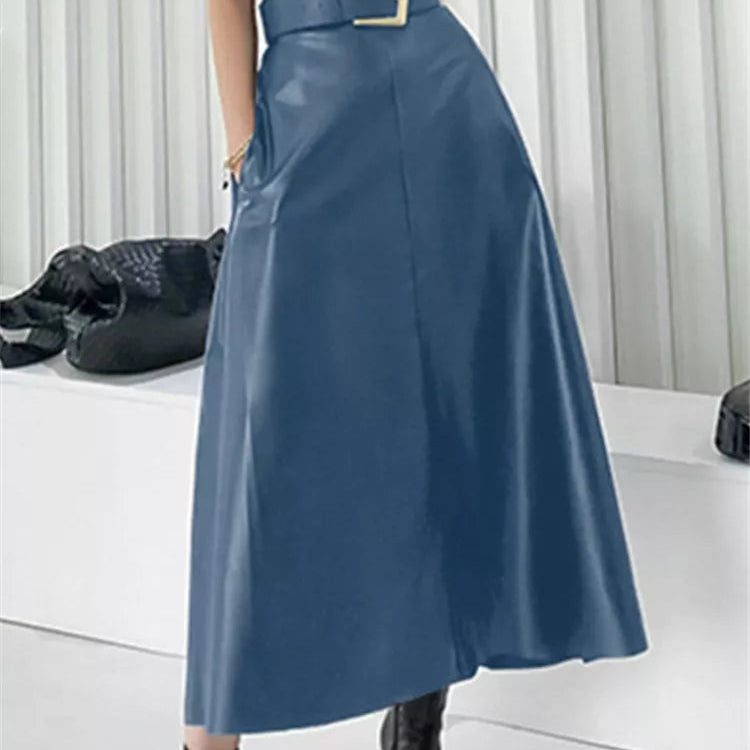 Classic Faux PU Leather Long Skirts with Belted New High Waist Fashion Umbrella Skirts Ladies Female Autumn Winter AMAIO