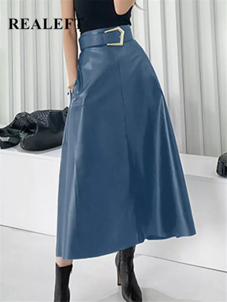 Classic Faux PU Leather Long Skirts with Belted New High Waist Fashion Umbrella Skirts Ladies Female Autumn Winter