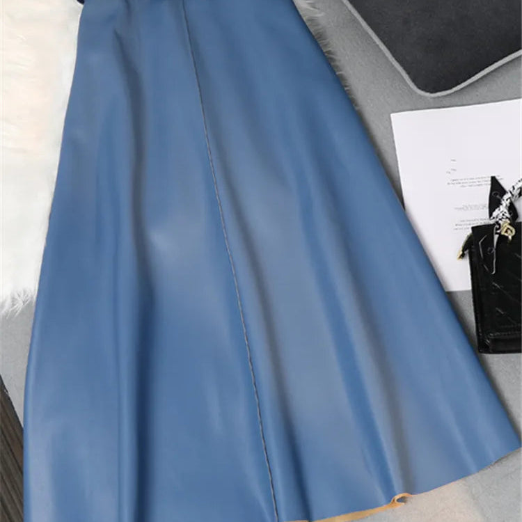 Classic Faux PU Leather Long Skirts with Belted New High Waist Fashion Umbrella Skirts Ladies Female Autumn Winter