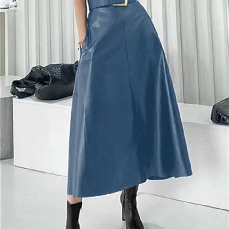 Classic Faux PU Leather Long Skirts with Belted New High Waist Fashion Umbrella Skirts Ladies Female Autumn Winter Blue One Size