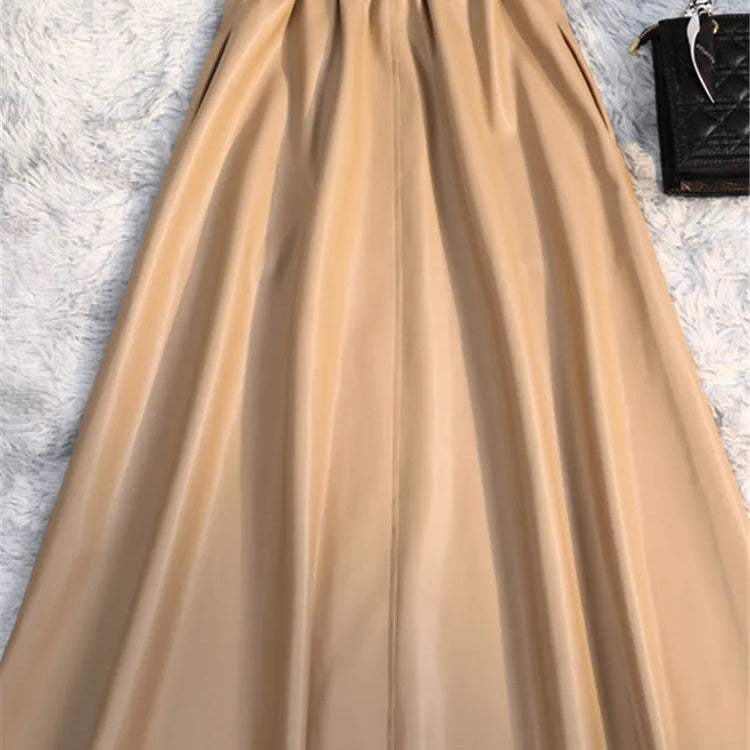 Classic Faux PU Leather Long Skirts with Belted New High Waist Fashion Umbrella Skirts Ladies Female Autumn Winter