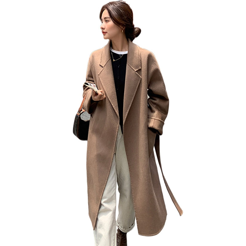 Classic Model 100% Real Wool Long Warp Overcoat Belt Turn-down Collar Dense Fabric Narrow Notch Lapel Coat Women Fall Winter AMAIO