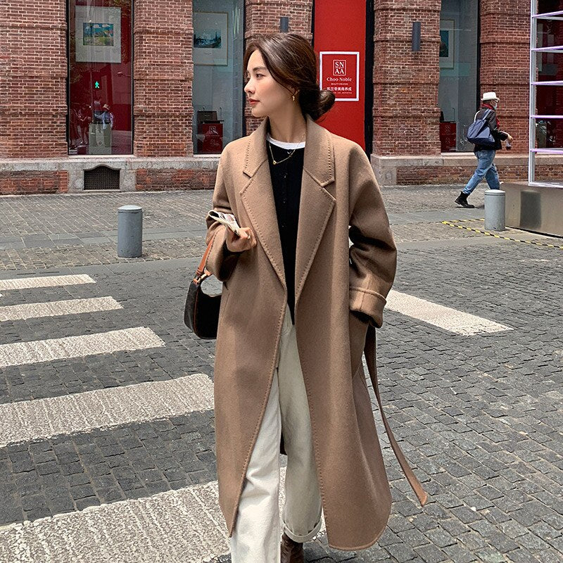 Classic Model 100% Real Wool Long Warp Overcoat Belt Turn-down Collar Dense Fabric Narrow Notch Lapel Coat Women Fall Winter Taupe