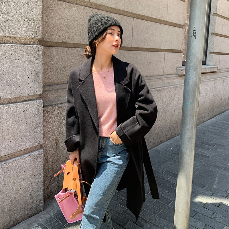 Classic Model 100% Real Wool Long Warp Overcoat Belt Turn-down Collar Dense Fabric Narrow Notch Lapel Coat Women Fall Winter Black