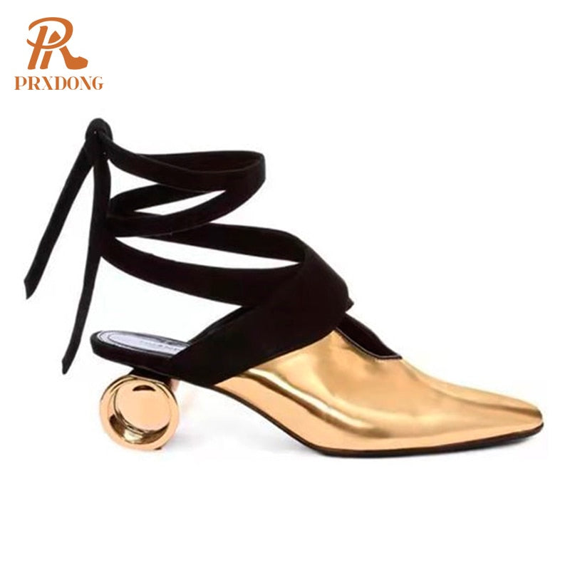 Classics Cross-tied Women's Pumps Genuine Leather Round Toe Platform Med Heels Retro Dress Party Casual Lady Shoes Footwear 42 gold