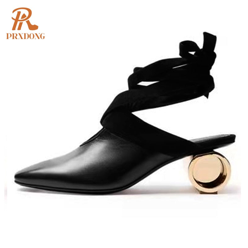 Classics Cross-tied Women's Pumps Genuine Leather Round Toe Platform Med Heels Retro Dress Party Casual Lady Shoes Footwear 42 black