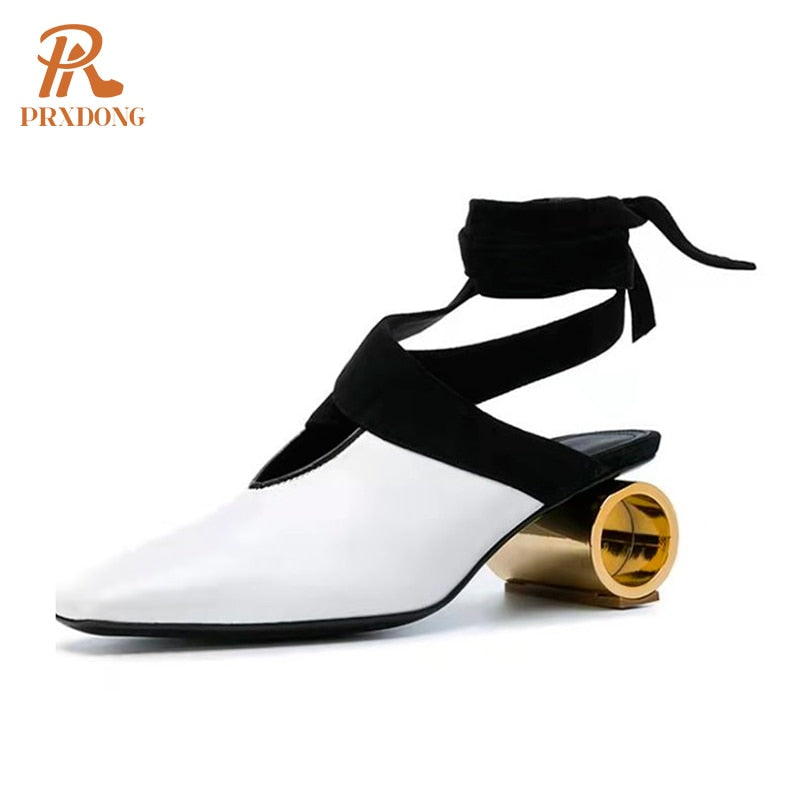 Classics Cross-tied Women's Pumps Genuine Leather Round Toe Platform Med Heels Retro Dress Party Casual Lady Shoes Footwear 42 AMAIO