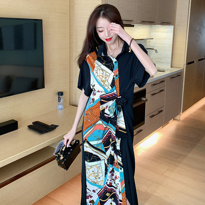 Collar Stitching Contrast Color Loose Mid Length Dress