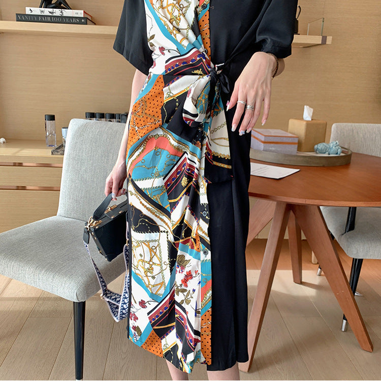 Collar Stitching Contrast Color Loose Mid Length Dress Black